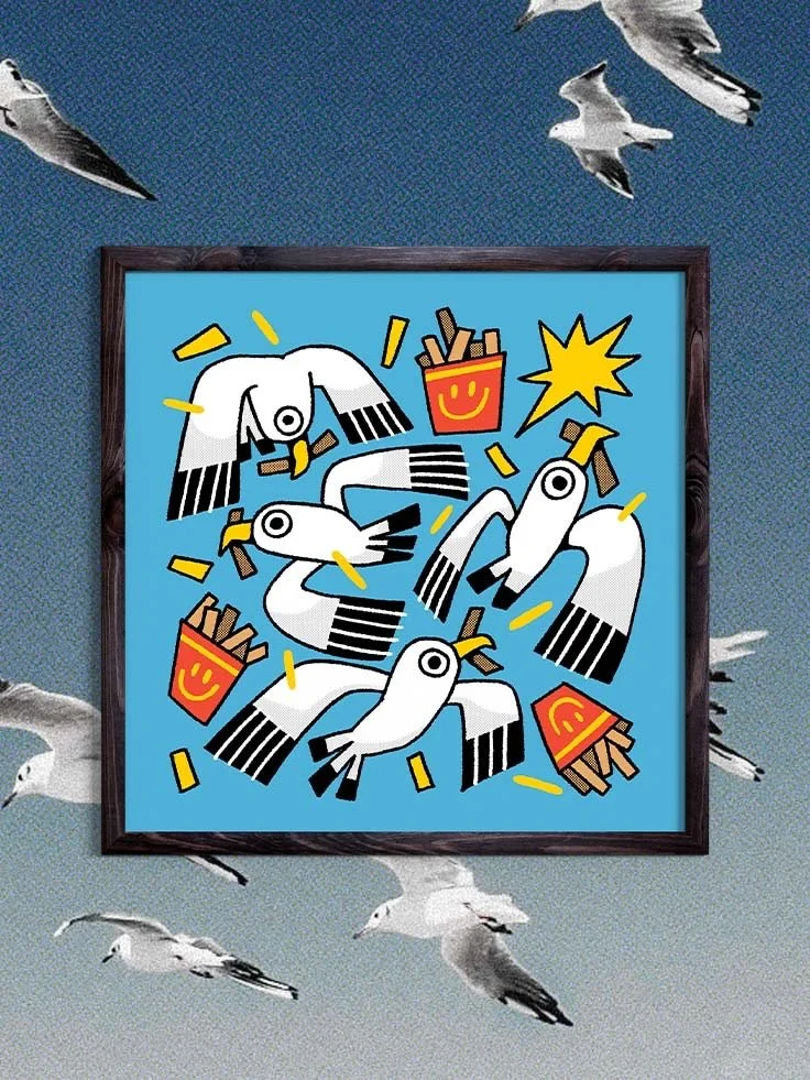 Just another day in the city.
Seagulls, fries, and a little bit of chaos. 🍟🐦

One of our favourite art prints, available as an art print ✨
.
.
.
#artprint #artframes #astrocircostudio #illustration_art #seagulls