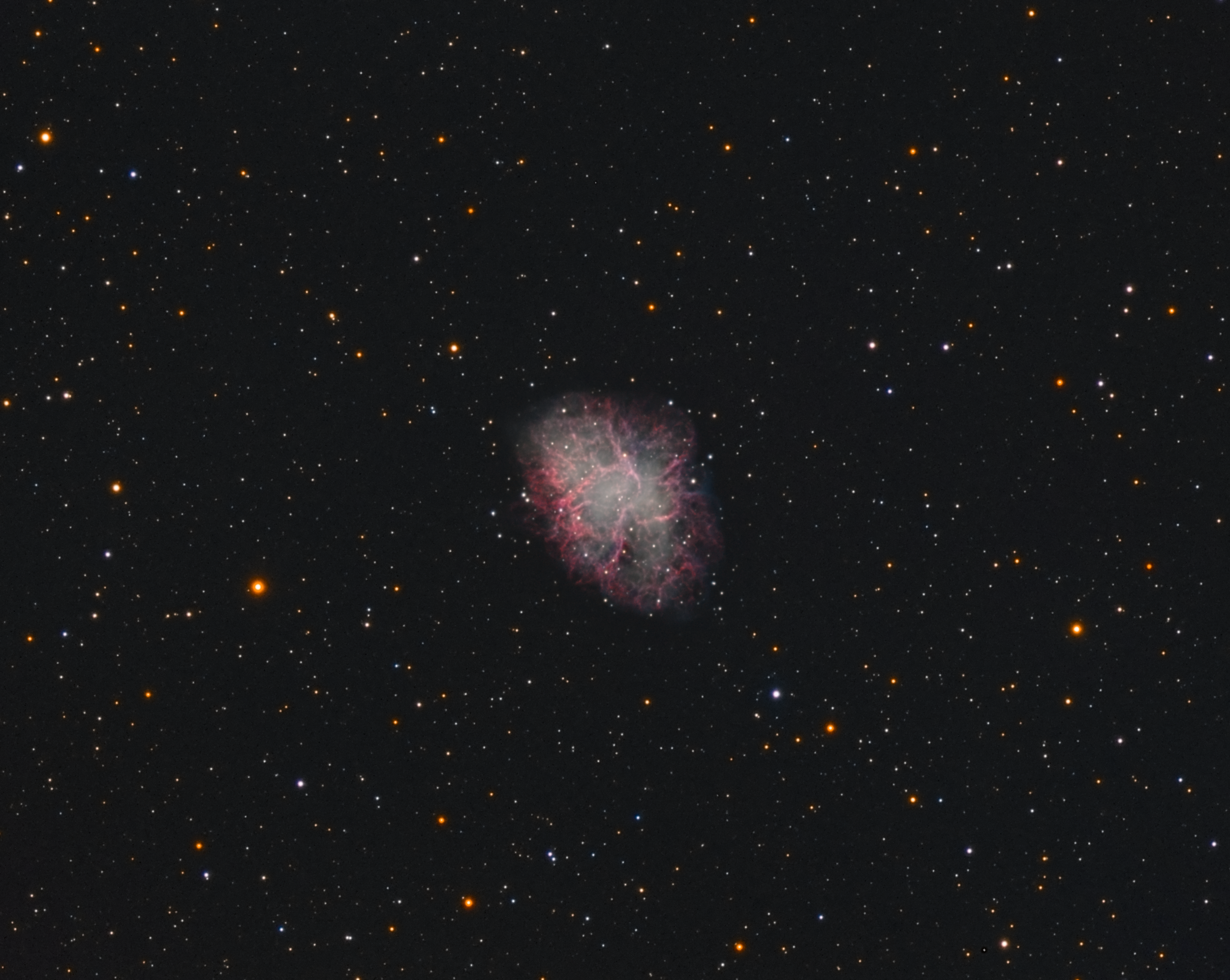 Crab Nebula Merge Image by Dave Boddington The Crab Nebula or Messier 1 is a supernova remnant in the constellation of Taurus. The supernova was recorded by Chinese astronomers in 1054. Esprit150ED, ASI1600mm, AZEQ-6. 45x120s RGB 14x600s Ha. Processed in Pixinsight and Photoshop.