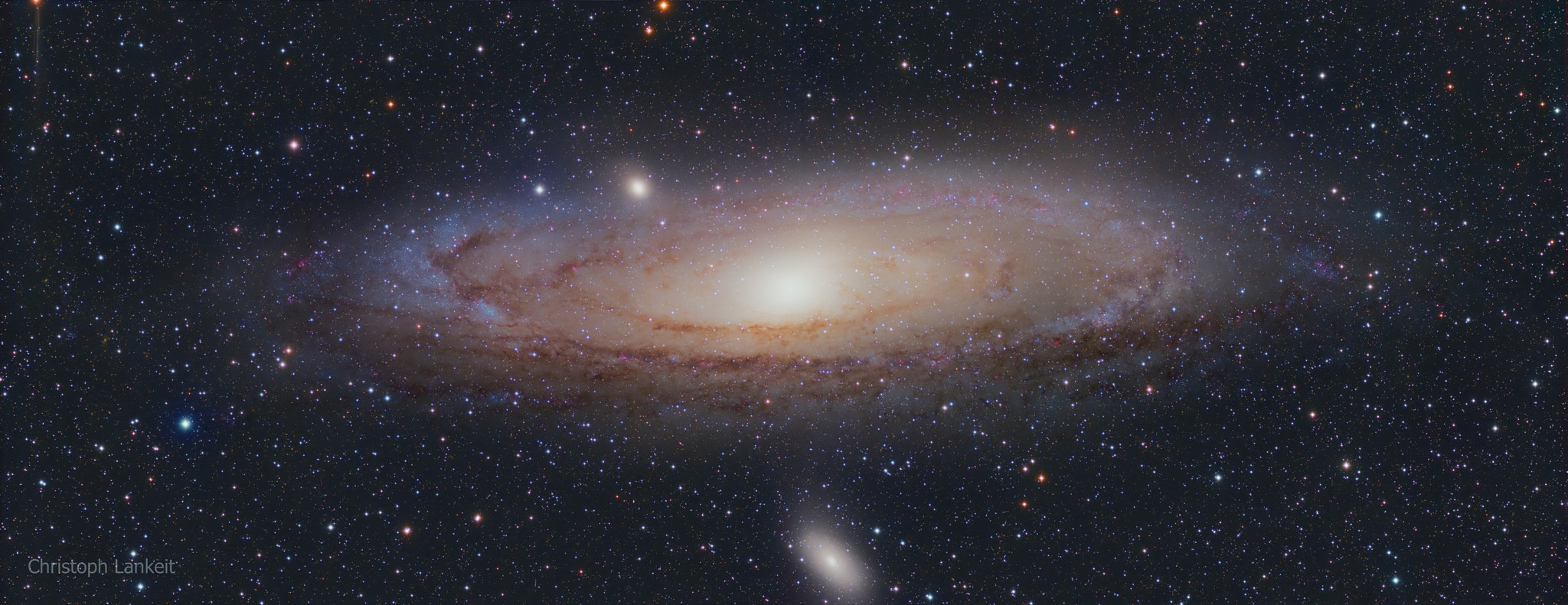 Andromeda 2017/18 Image by Christoph Lankeit Still one of my favorite objects, i m so fascinated of its huge appearance on the sensor even 2.5 millions of light years away from it. As always i ve got a bit of white balance problems with it... sometimes i open the high resolution hubble image to align my color balancing but then the background isnt black frame breakdown: Left half Red: 35x900s Green: 30x900s Blue: 35x900s Right half Red: 31x900s, 3x500s Green: 30x900s, 2x500s Blue: 29x900s, 2x500s equipment used: Telescope: TSAPO100Q 580mm f5,8 Camera: Moravian G2-8300 (monochrome) mount: Skywatcher NEQ-6 Pro Guider: Lodestar 2 as Off-axis guider with PHD2 Filters: Astrodon E-Series Gen2 LRGB Location: 30km south of Frankfurt am Main, Germany Post processed in Pixinsight
