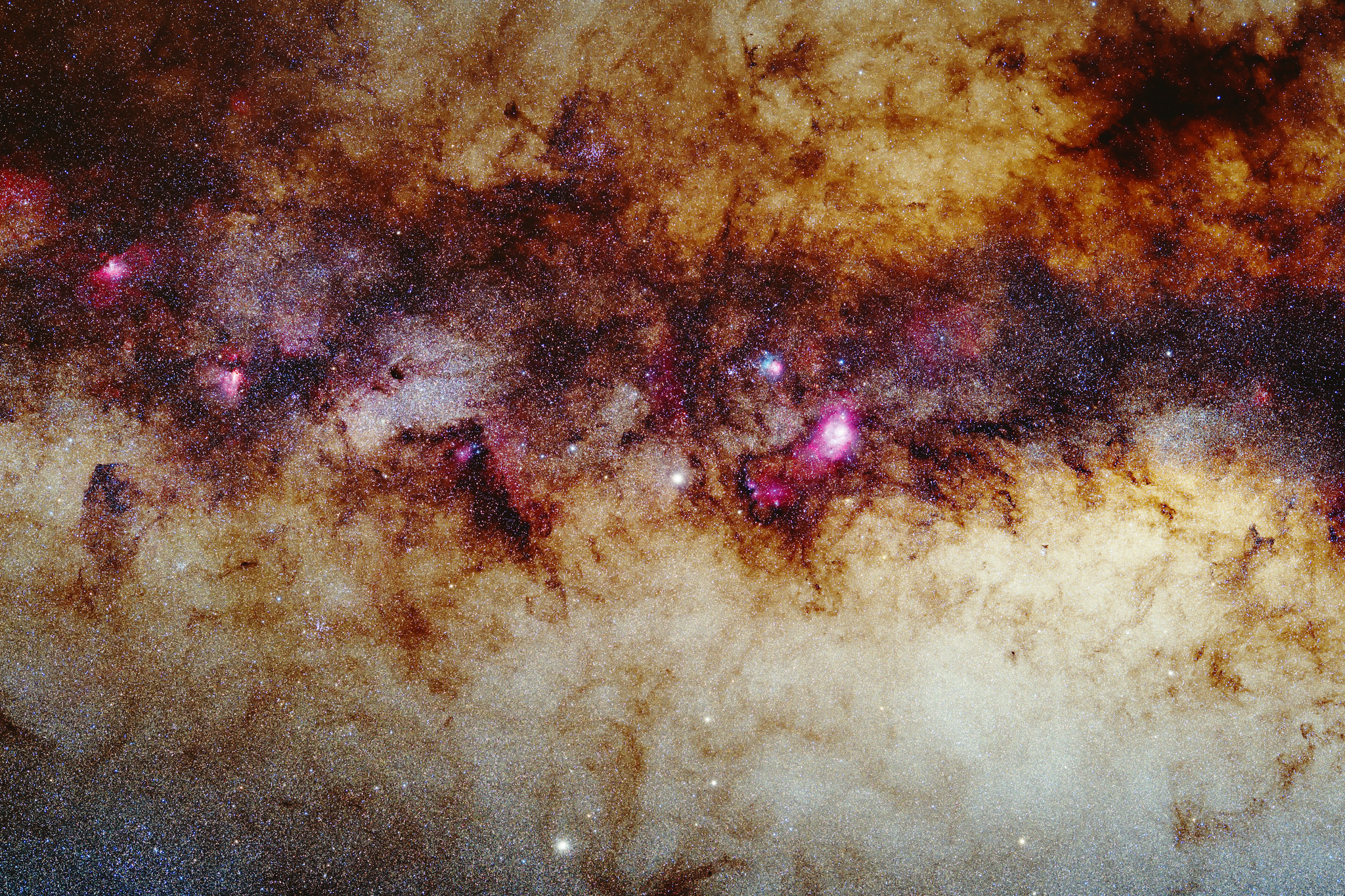 Lagoon Nebula and Surroundings with Sigma 105mmF1.4 DG HSM Art August 2018 Image by Hisayoshi Kato Saturn was near Lagoon Nebula at the night. equipment: Sigma 105mmF1.4 DG HSM Art and Canon EOS 6D-sp4, modified by Seo-san on Takahashi EM-200 Temma2Jr, autoguided with Fujinon 1:2.8/75mm C-Mount Lens, Pentax x2 Extender, Starlight Xpress Lodestar X2 Autoguider, and PHD Guiding exposure: 10 times x 15 minutes, 3 x 4 min, and 4 x 1 minute at ISO 1,600 and f/3.0 site: 2,674m above sea level at lat. 24 37 43 South and long. 70 13 45 West near Cerro Armazones in Atacama Desert Chile