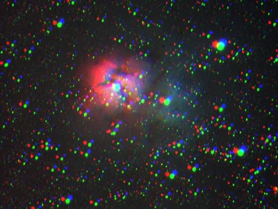 Trifid Nebula image before alignment.&nbsp; Notice the red, green, and blue images do not line up properly.