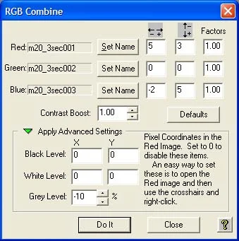 The RGB Combine window showing the adjustments made to align the color images of the Trifid Nebula.&nbsp; Notice that + or – indicates which direction the color component if shifted.