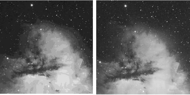 Now you can see the difference. The single exposure has much more noise in the darker areas. The stacked version is much smoother - This will pay huge dividends in the processing stage.