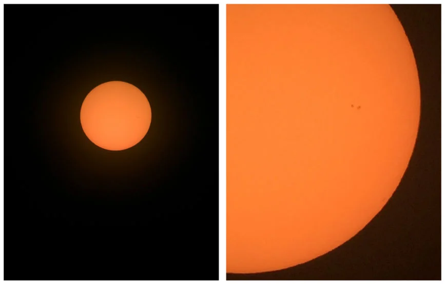Figure 2-2: Uncropped afocal images of the Sun taken with a smartphone held with a holder/bracket at an eyepiece with focal length of 18.2mm and a telescope with 80mm objective lens and focal length of 480mm. A polymer solar filter was used over the objective lens of the telescope. The image on the left was taken with the smartphone camera set to lowest zoom setting. The image on the right was taken with the smartphone camera set to highest zoom setting. The camera automatically set the exposure. Credit: Sergio Castillo/Agena AstroProducts.
