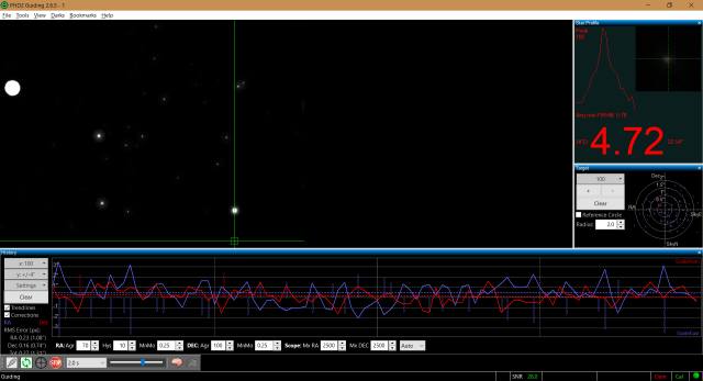 View through the guidescope, and tiny movement fluctuations in declination and right ascension are graphed in blue and red.