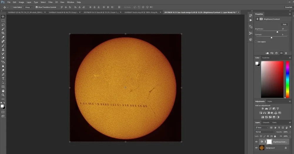 Lightened and blended image rendered in false colour