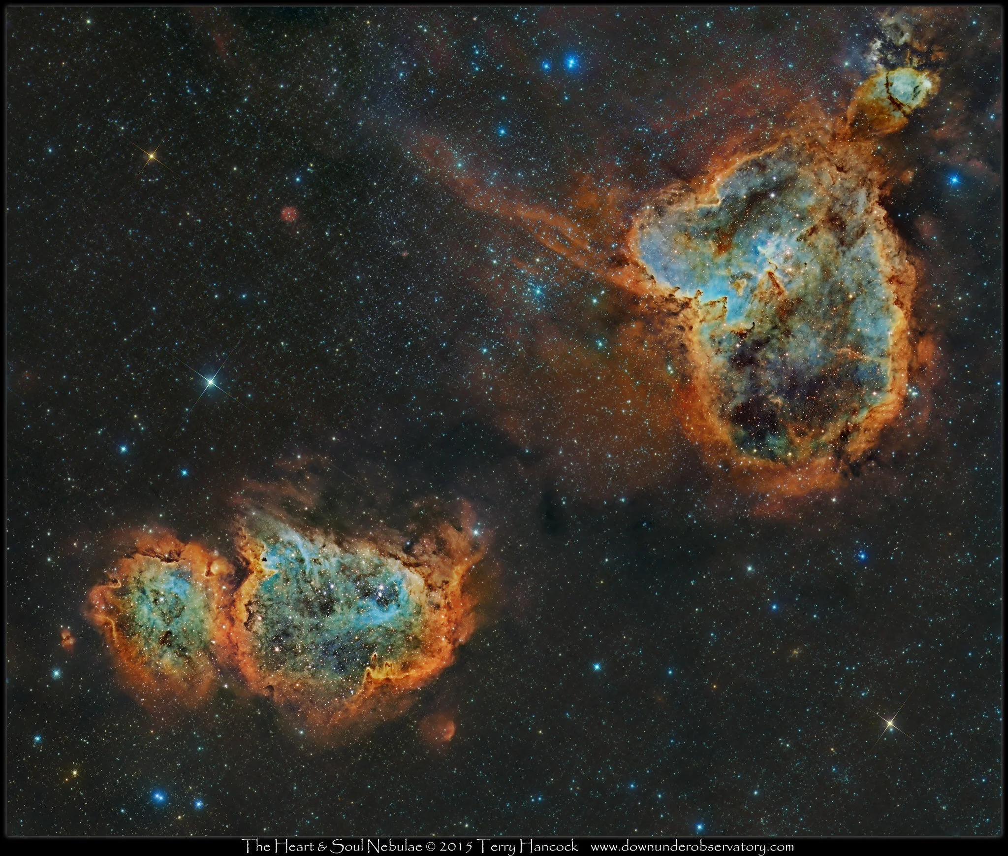 Image by Terry Hancock The Heart &amp; Soul Hubble PaletteCrop and new process. This Hubble Palette image combines data captured from my backyard observatory in Fremont, Michigan USA, between August and October 2014 using QHY11/TAK E-180 and my earl…