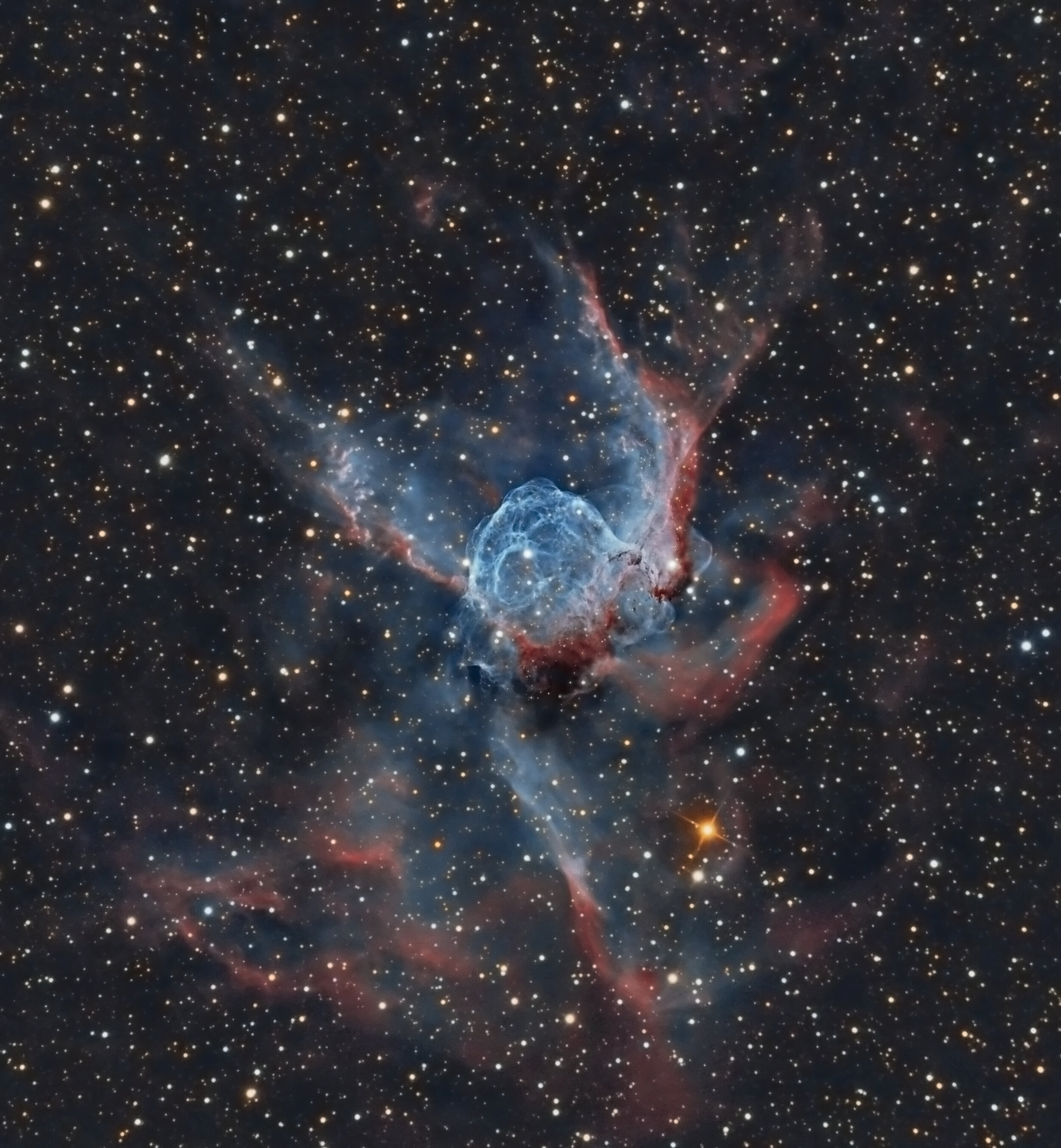 Image by Paddy Gilliland FRAS Thors Helmet - NGC 2359Imaging telescope or lens: RCOS 14.5"Imaging camera: SBIG STX KAF-16803Mount: Paramount-MEGuiding telescope or lens: RCOS 14.5"Guiding camera: SBIG STX KAF-16803Software: Pixinsight 1.8Filters: Ha…