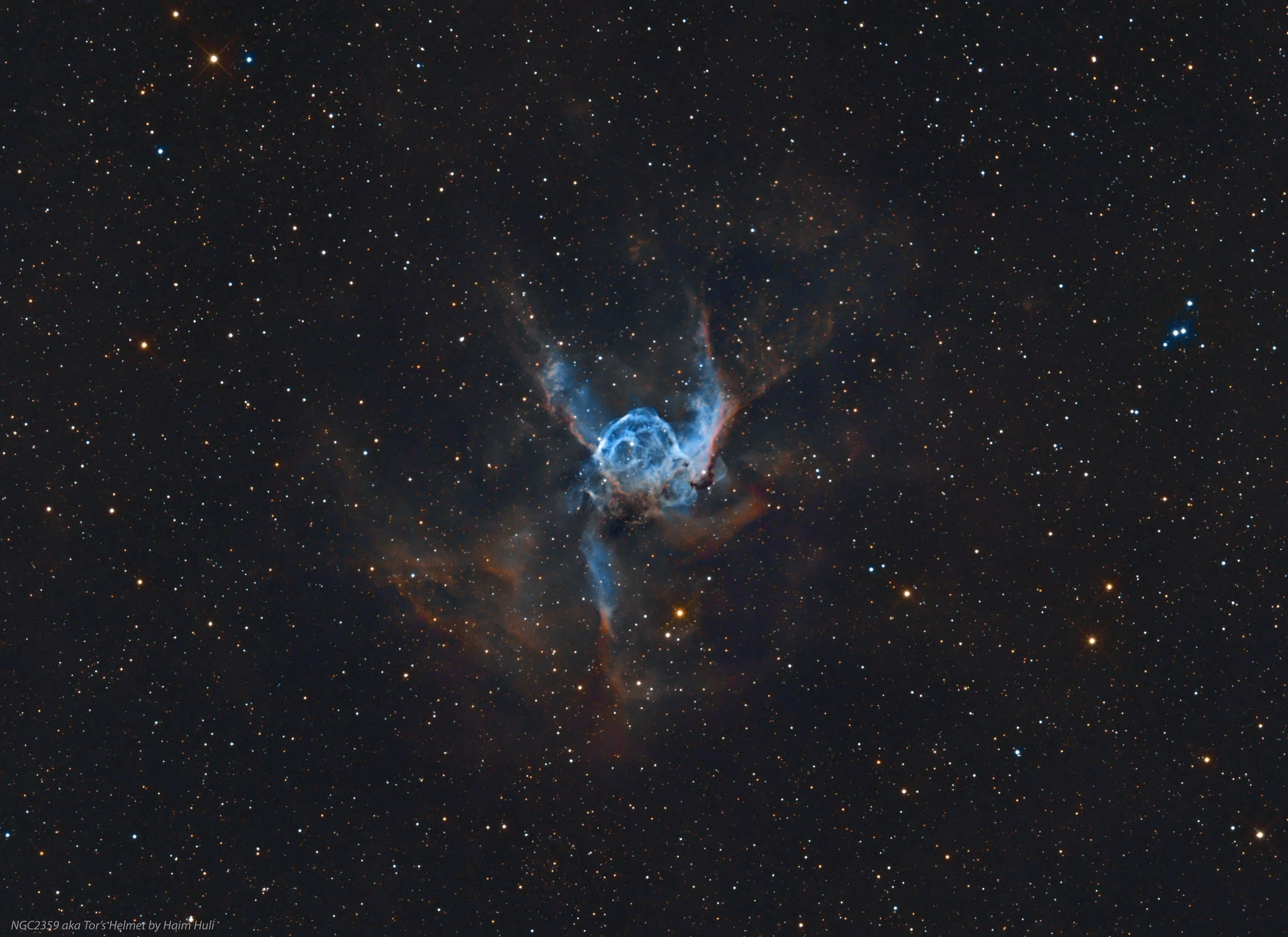 Image by Haim HuliNGC2359 Thor's Helmet in NBTook this beautiful nebula also knows as Tor's Helmet during my visit to Namibia Astrofarm. Finally got a few nights to process the raw images to the photo you see here.Photo Details:Ha: 1.4 HoursOIII: 35…