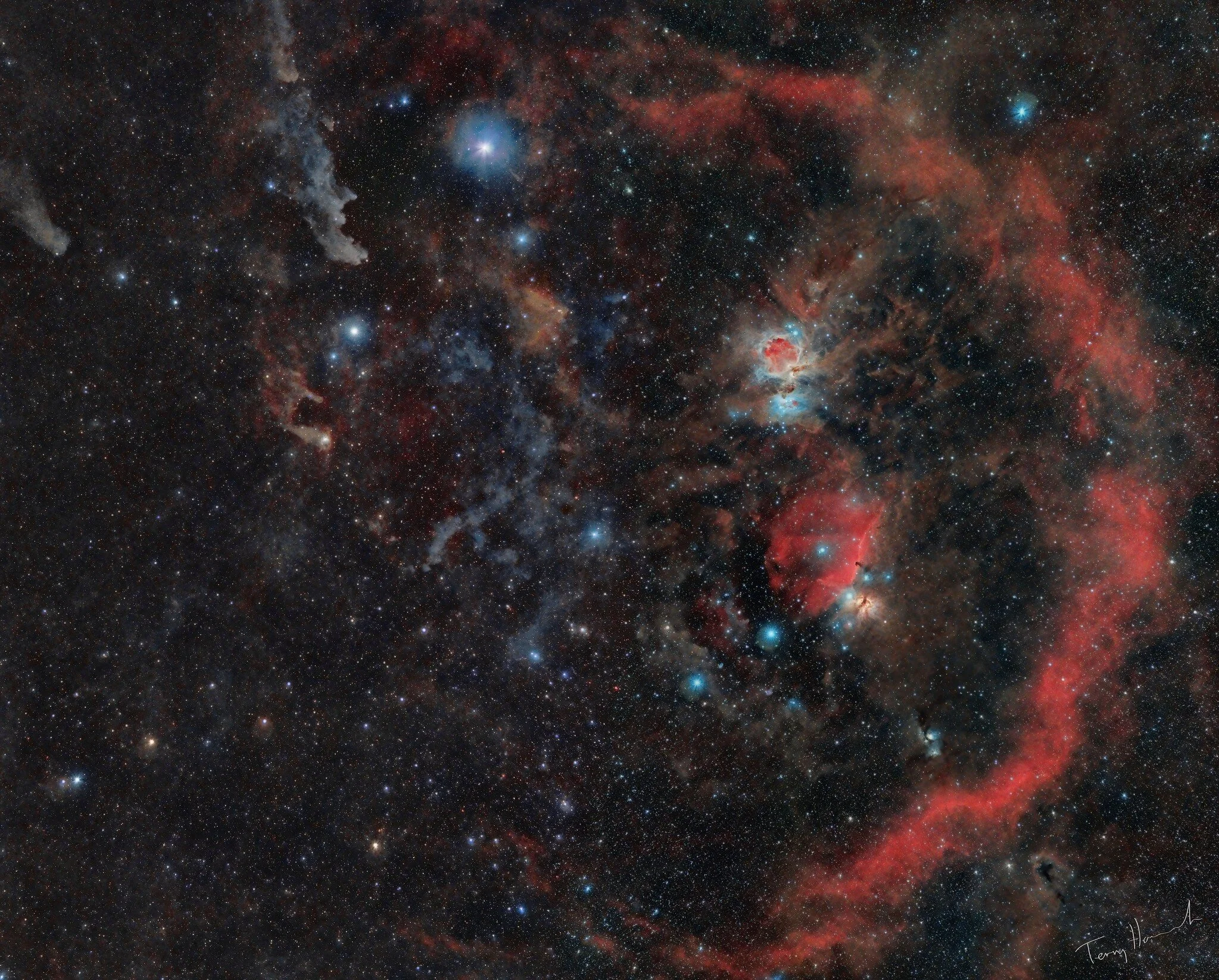 Image by Terry HancockWitch Hunt for OrionCaptured over 2 nights from Grand Mesa Observatory, Purdy Mesa Coloradousing the full frame QHY367C one shot color CMOS camera on a Rokinon 135mmF2 lens stopped down to F4. This is a 2 panel mosaic covering …