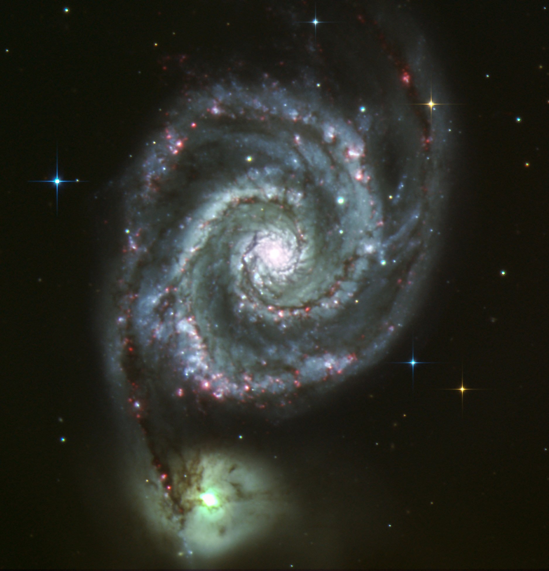Image by Mary McIntyre FRASM51 the Whirlpool GalaxyThis was data captured with the a Faulkes 2 metre Richey-Chretien f/10 telescope8 minutes each of R, G &amp; B plus 2 minutes of H-alpha. Each channel was stacked with Deep Sky Stacker, then each ch…