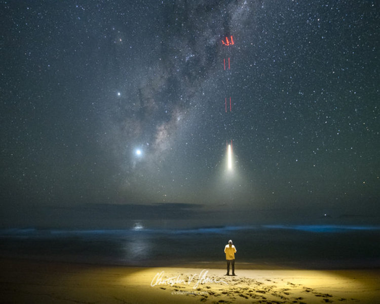 Alien Abduction. D850. 10 second exposure. f/2.8. 10000 ISO. Lit with the Mavic Pro 2 landing light for just a fraction of asecond as the drone flew straight up. Photo by Christopher V. Sherman