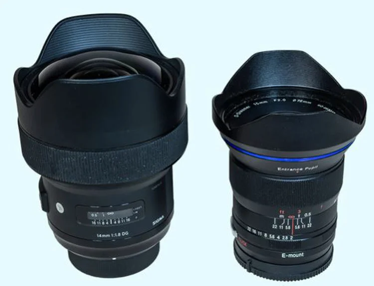 Sigma 14mm f/1.8 Art lens (for Nikon mount) vs. Venus Optics 15mm f/2 lens (for Sony mount). © 2019 Alan Dyer