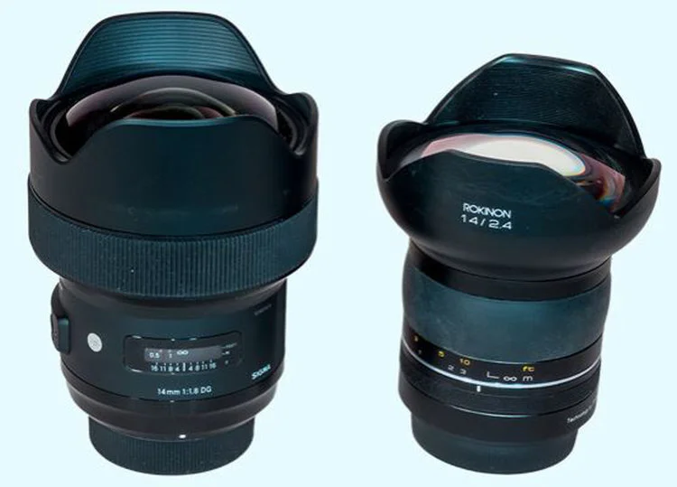 The Sigma 14mm f/1.8 Art lens (left) vs. the Rokinon SP 14mm f/2.4. © 2019 Alan Dyer