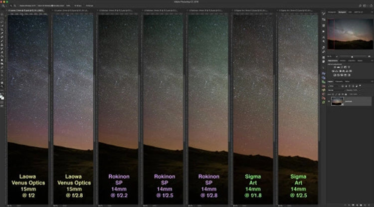 15mm Laowa vs. Rokinon 14mm SP vs. Sigma Art 14mm – Comparing the left side of the image for vignetting (light fall-off), wide open and stopped down. ©2018 Alan Dyer