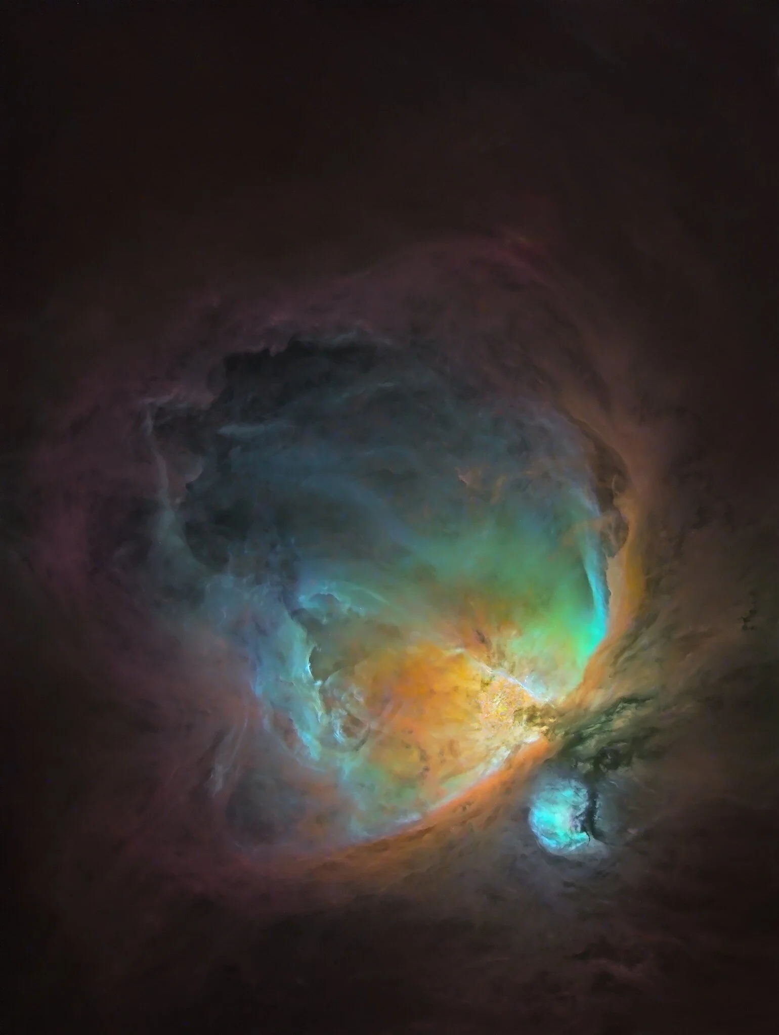 Image by Manuel HussThe Orion Nebula in OHHS without starsSo I wanted to try something else. Since I have too much light pollution for deep LRGB exposures and I don't like the classic SHO Hubble palette on Orion, I went for an OH-H-S mix. To highlig…