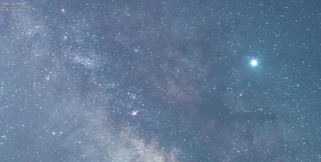 100% crop of a 4 minute Exposure at F2 ISO 400 (Tracked) = Note: Although there is some very slight trailing visible at 100% crop, this is not visible when seeing the whole photo.