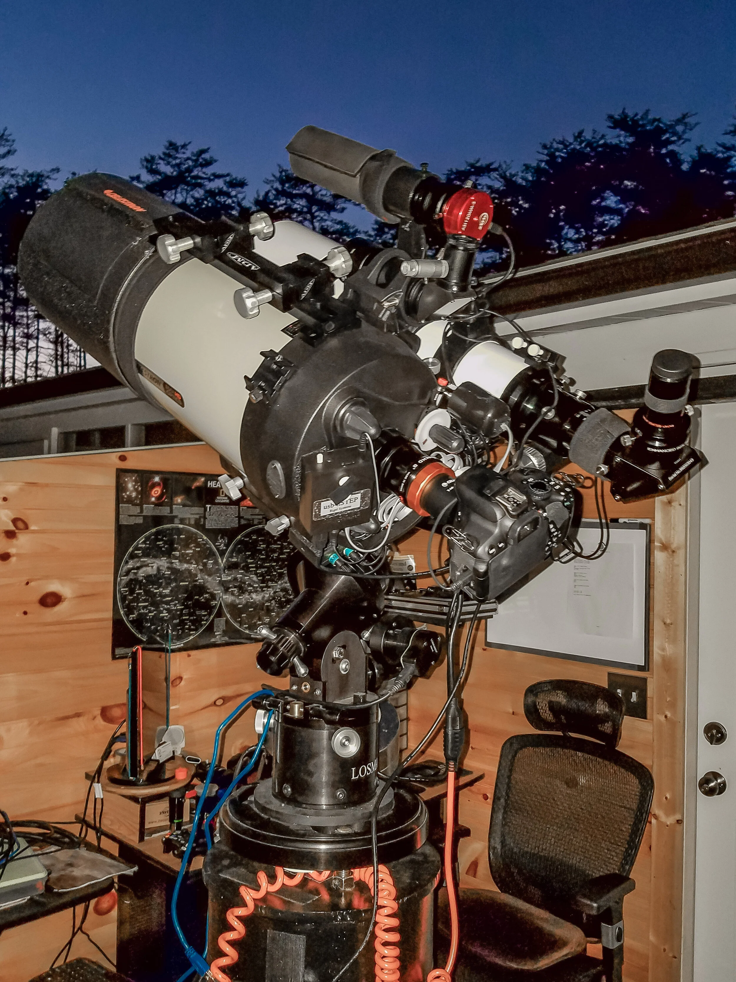 Current imaging configuration: Celestron EdgeHD8 and Ex- plore Scientific 127 mm triplet refractor. ASI 1600MM cool with electronic filter wheel and ASI 224MC cameras ahown.