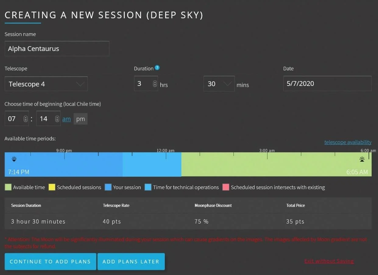 Screenshot of creating a deep sky photo session © Chilescope
