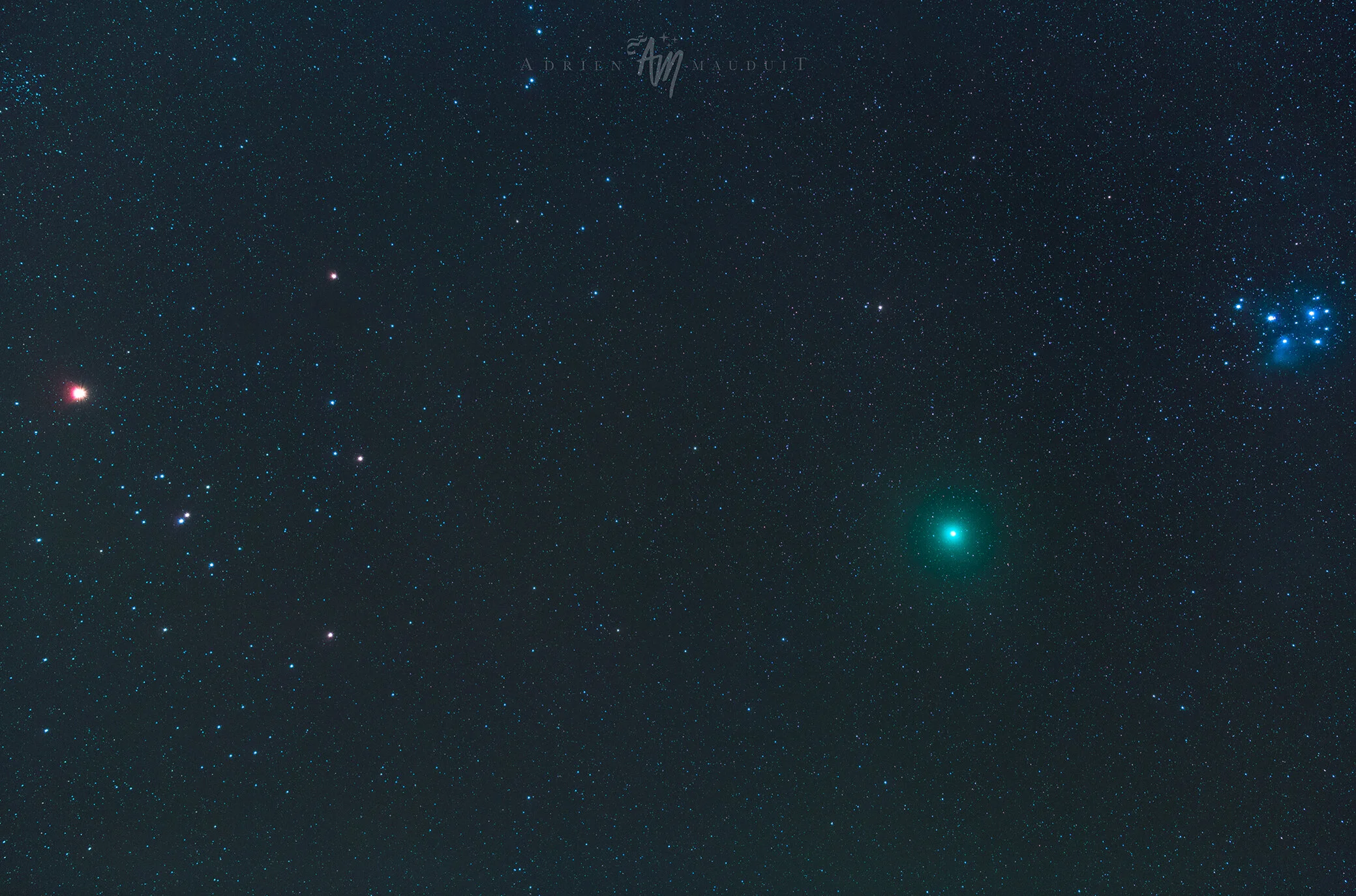 Comet Wirtanen (green) stuck between the  Pleiades or ‘Seven Sisters’ (blue cluster of stars)  and the Hyades (arrow head pointing down on t he left hand side). Taken from the observatory  (Stack of 25 picture with Canon 6D +  Samyang 135mm f2)