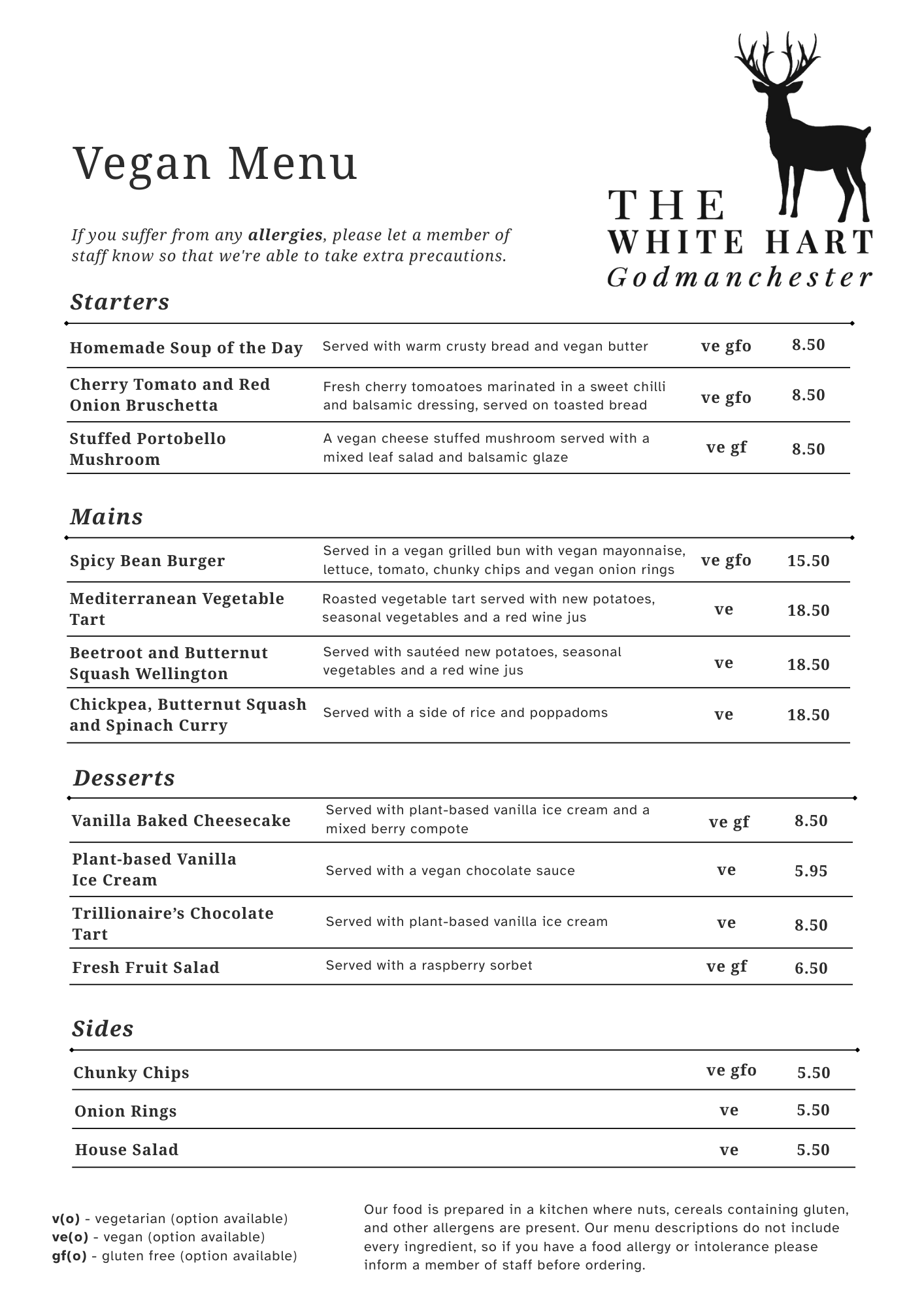 Vegan menu