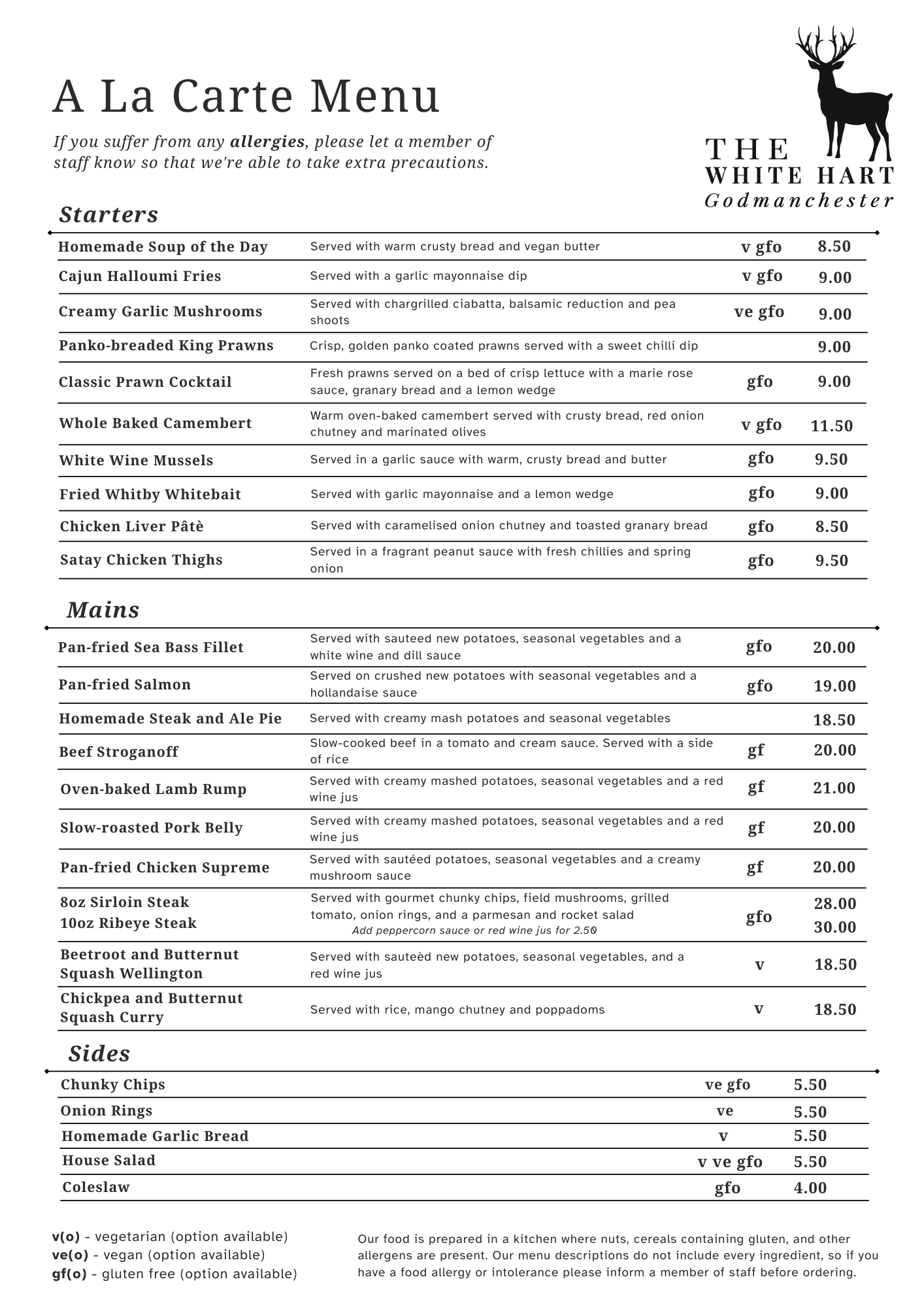 A La Carte Menu