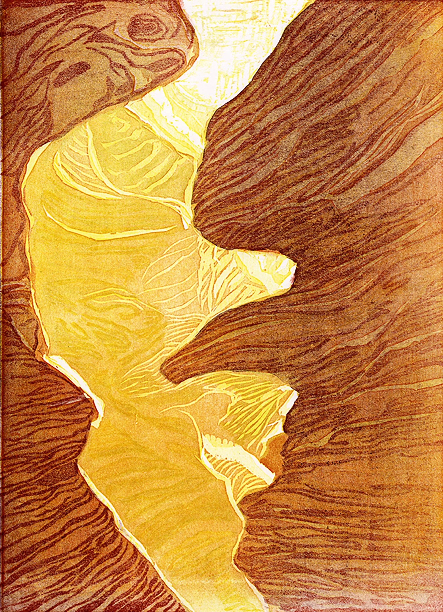 color mokulito woodblock print of Antelope Canyon where rock formation forms shape of eagle's head.