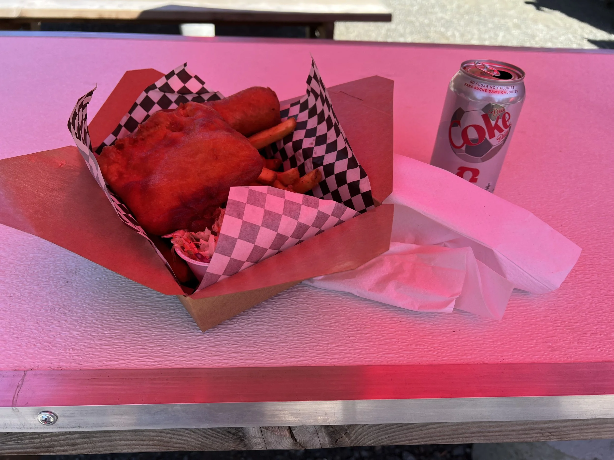 Pacific Cod and Salmon, Fries and a Diet Coke. 10/10