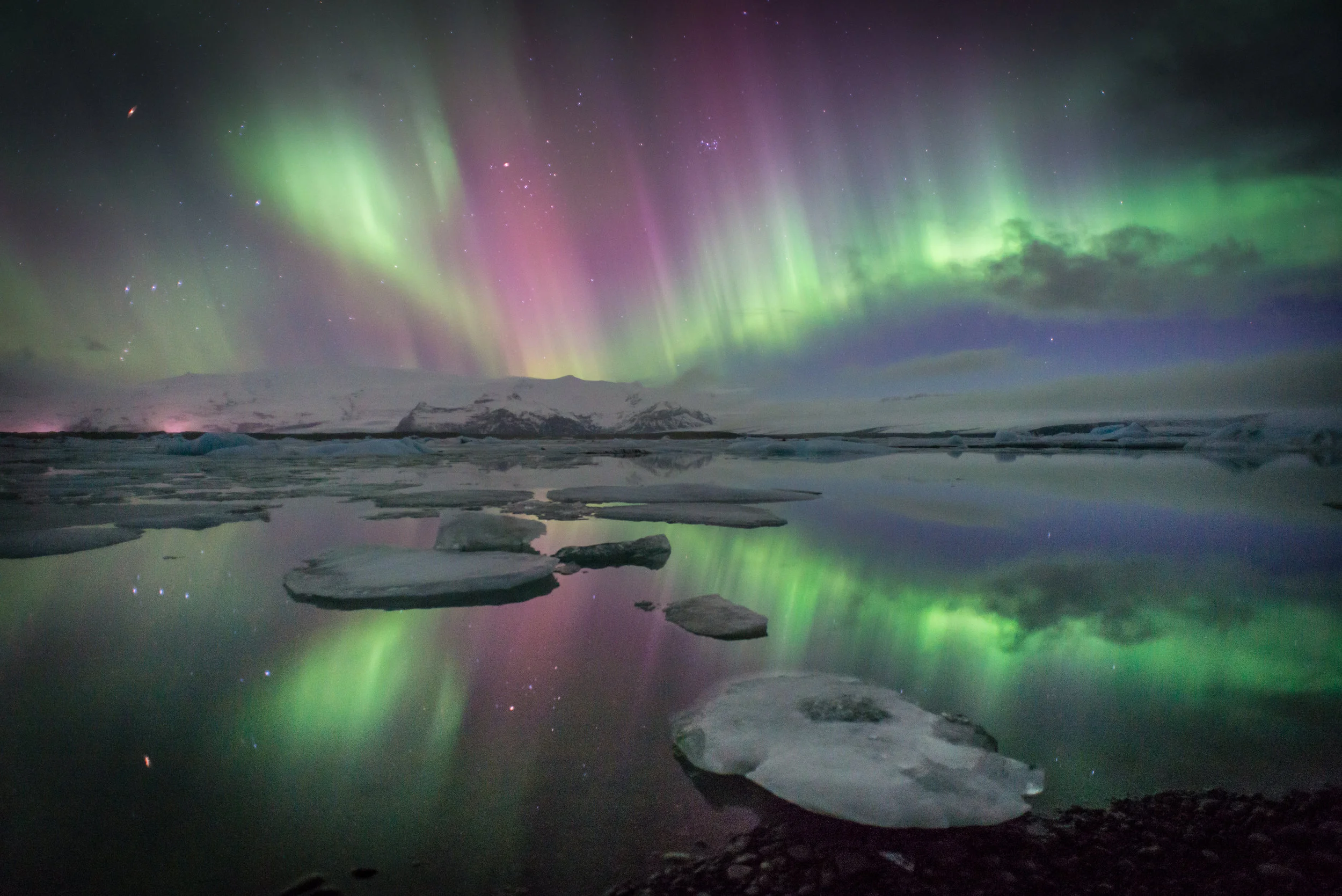 The northern lights seen over Jokulsarlon glacier lake, Iceland
