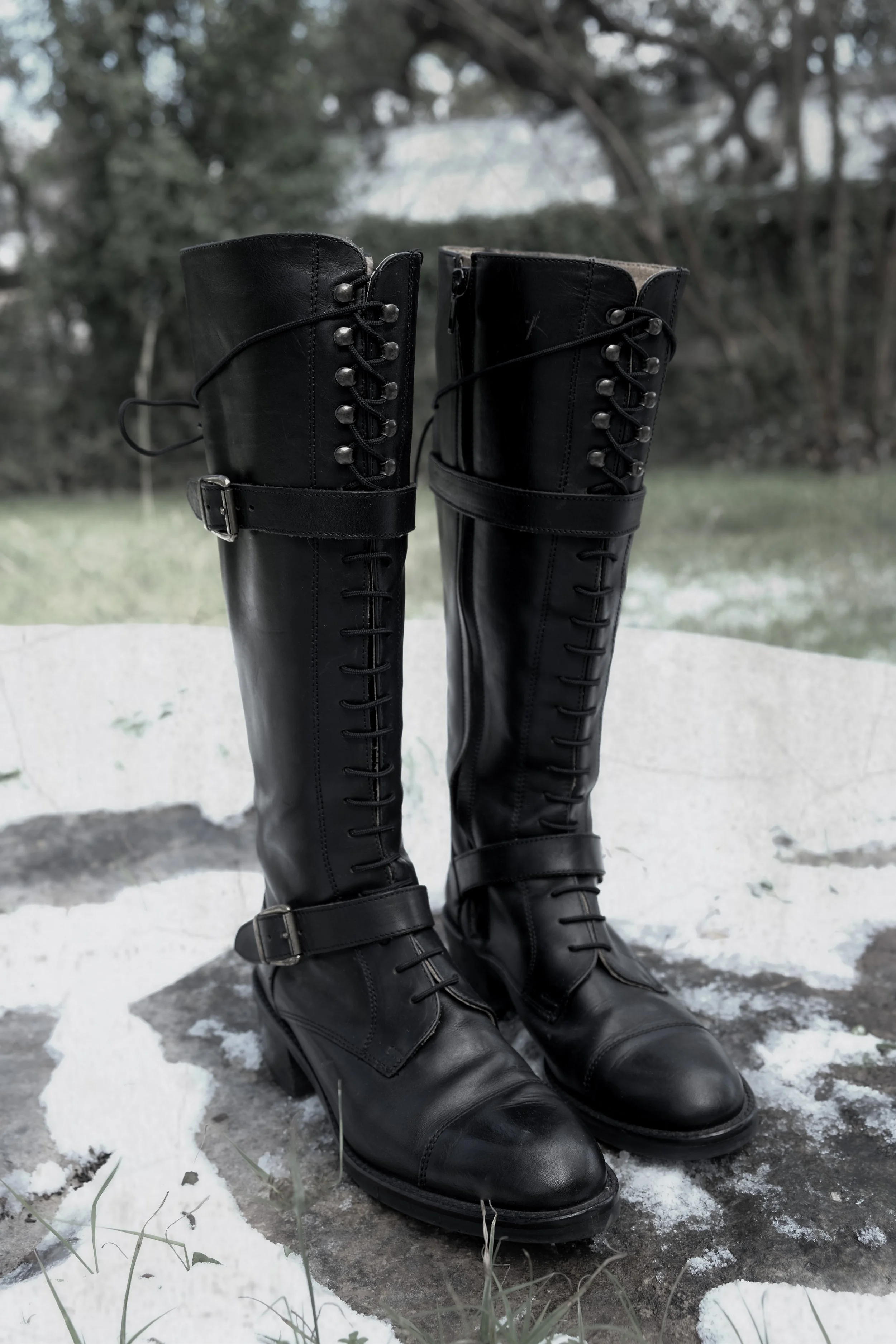 1990s black leather buckle lace-up boots - Size 7.5
