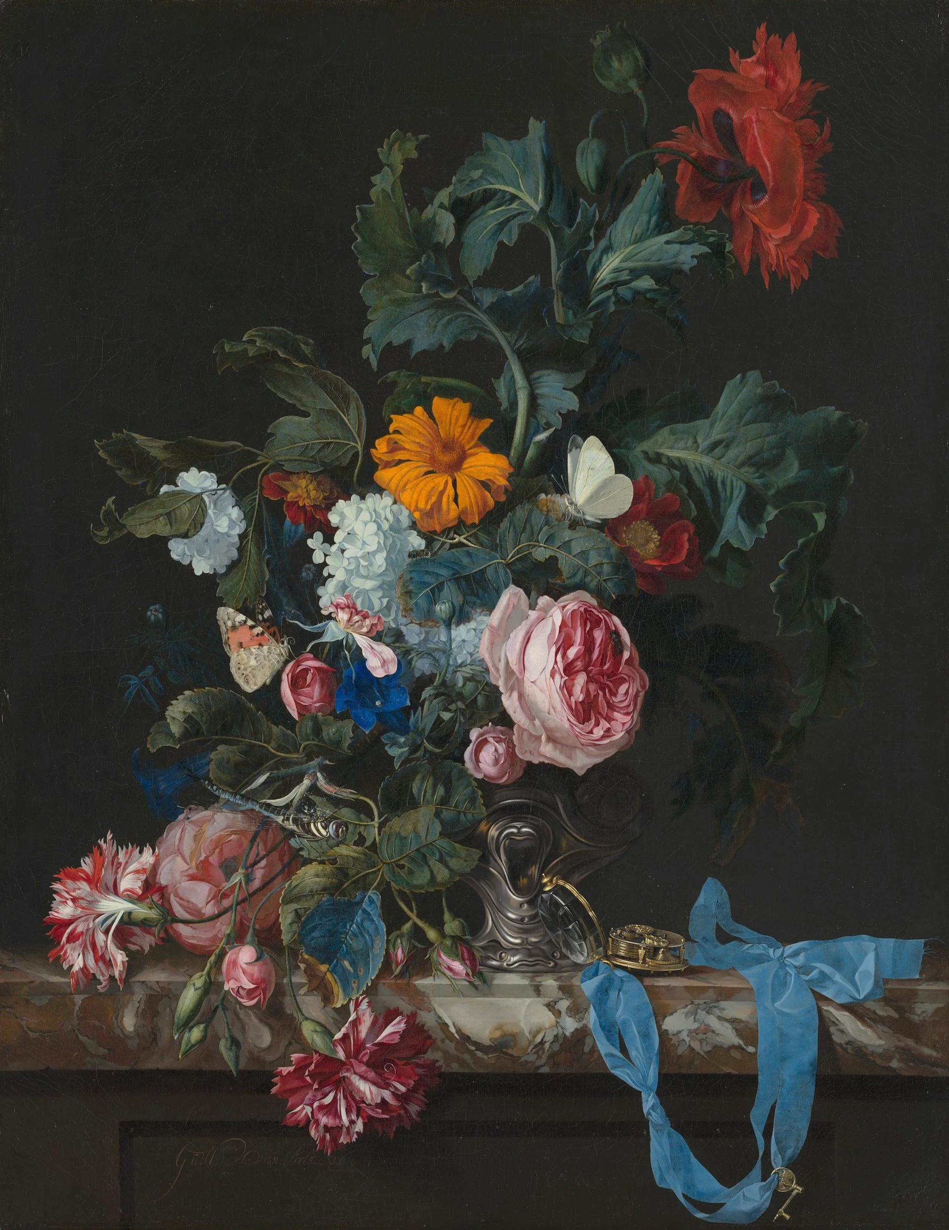 A still life painting of a large floral arrangement with various colorful flowers, greenery, a butterfly, and ribbons in a silver vase against a dark background. There is a watch and a gold ring at the bottom of the arrangement.