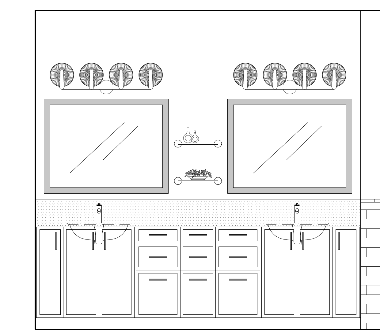 Blueprint of a double vanity bathroom with two mirrors, two light fixtures, and two sinks.