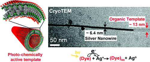 Self-assembled supramolecular nanotubes of J-aggregated amphiphilic cyanine dye in aqueous solution are employed as chemically active templates for the photoinitiated formation of silver nanowires with a very small and homogeneous diameter of (6.4 ± 0.5) nm.