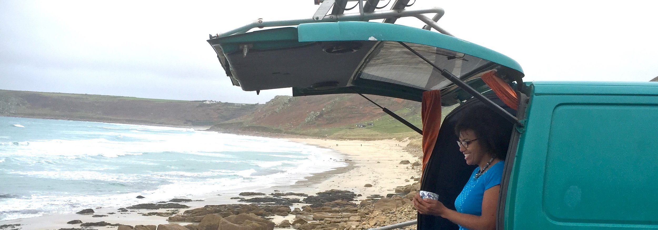 Catherine with cuppa at Sennen Cove_CROP.JPG