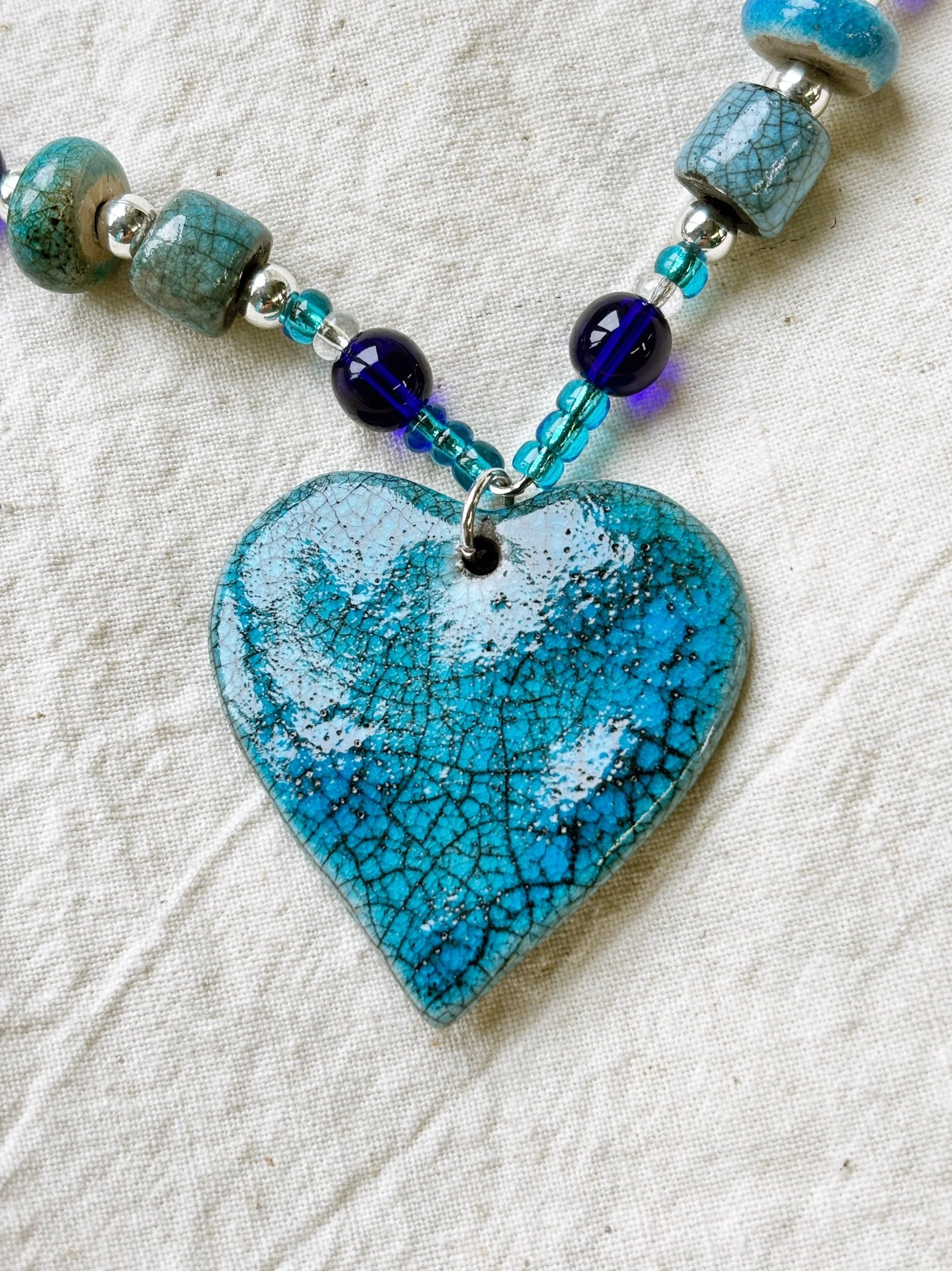 Raku Ceramic Heart Beaded Necklace in Turquoise