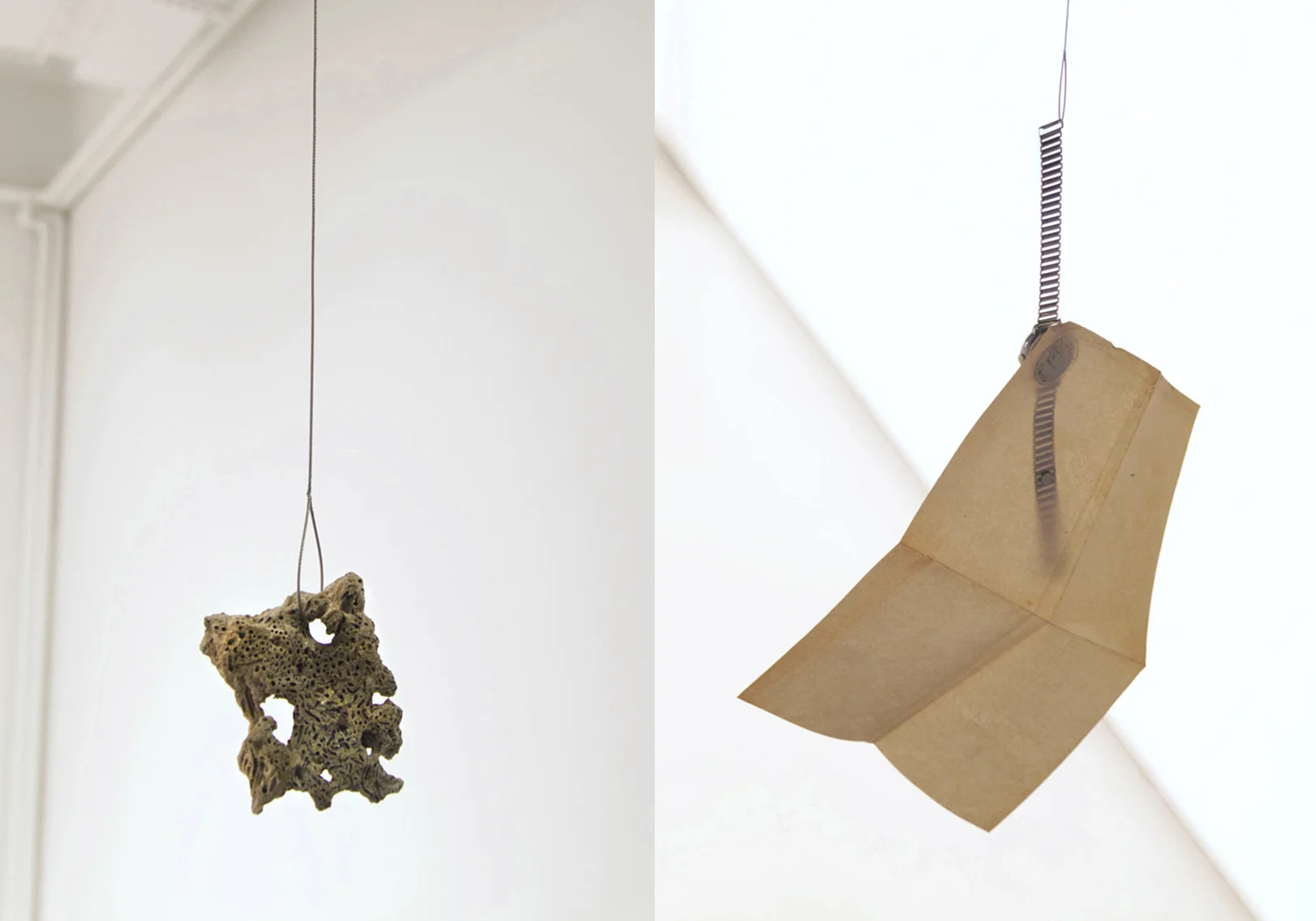Writing the Hours , a fragment of coral/ petrified sand is suspended by the weight of my father’s broken aeronautical watch and stamped letter from Easter Island. Steel cable, sand, father’s watch and letter. 2013. collaboration with Carlos Vela Prado