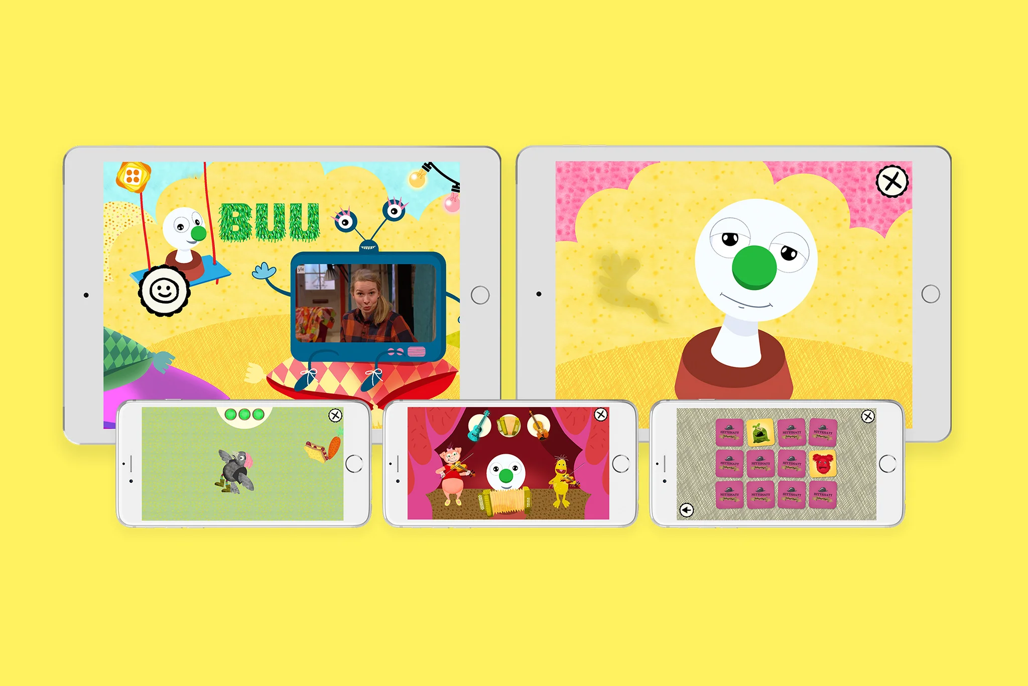 Buu-klubben app is made for phone and tablet. Video is streamed from Yle Areena. The app contains a main playground and several mini games.