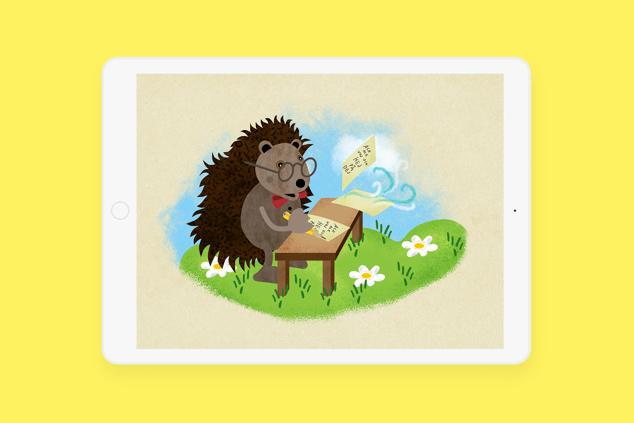 Illustration example for the animation scene in Bärtil’s writing game. Here is Rune Berg writing a poem.