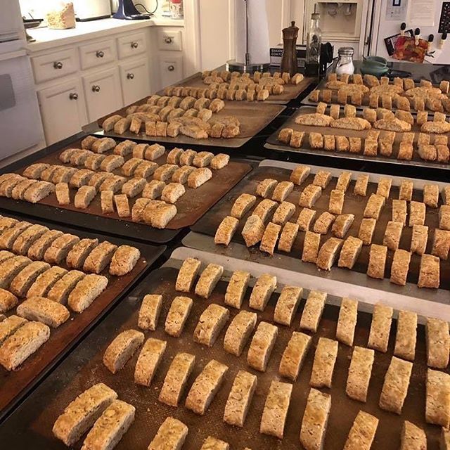 Monday morning, 7:30am, first batch of the day fresh out of the ovens!  These are all tagged for current orders. Schedule your order soon!  Joy@joysbiscotti.com or 713-303-5725 #joysbiscotti #bestbiscotti  #cottagebakers #shoplocal