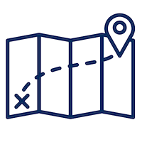 Navy blue icon of unfolded map with a destination marked.png