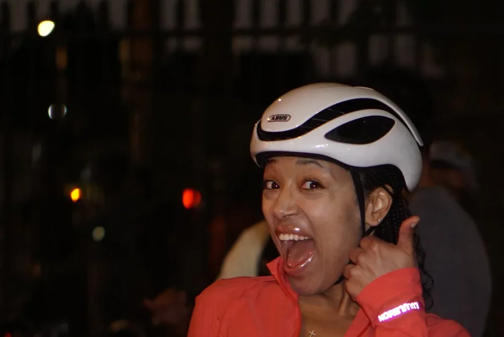 Los Angeles is seeing continuous improvement for car-free living and this biker babe in her reflective gear and abus bicycle helmet is thrilled to see streets becoming safe for all.