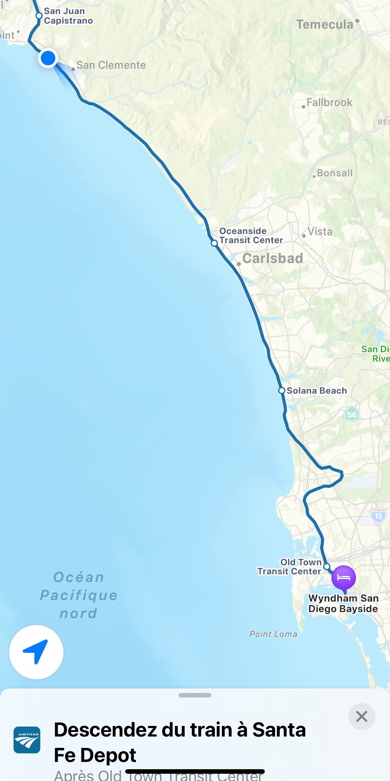 Screenshot taken during train ride from Los Angeles to San Diega showing stops: San Juan Capistrano, Oceanside Transit Center, Solana Beach, Old Town Transit Center, Santa Fe Depot.