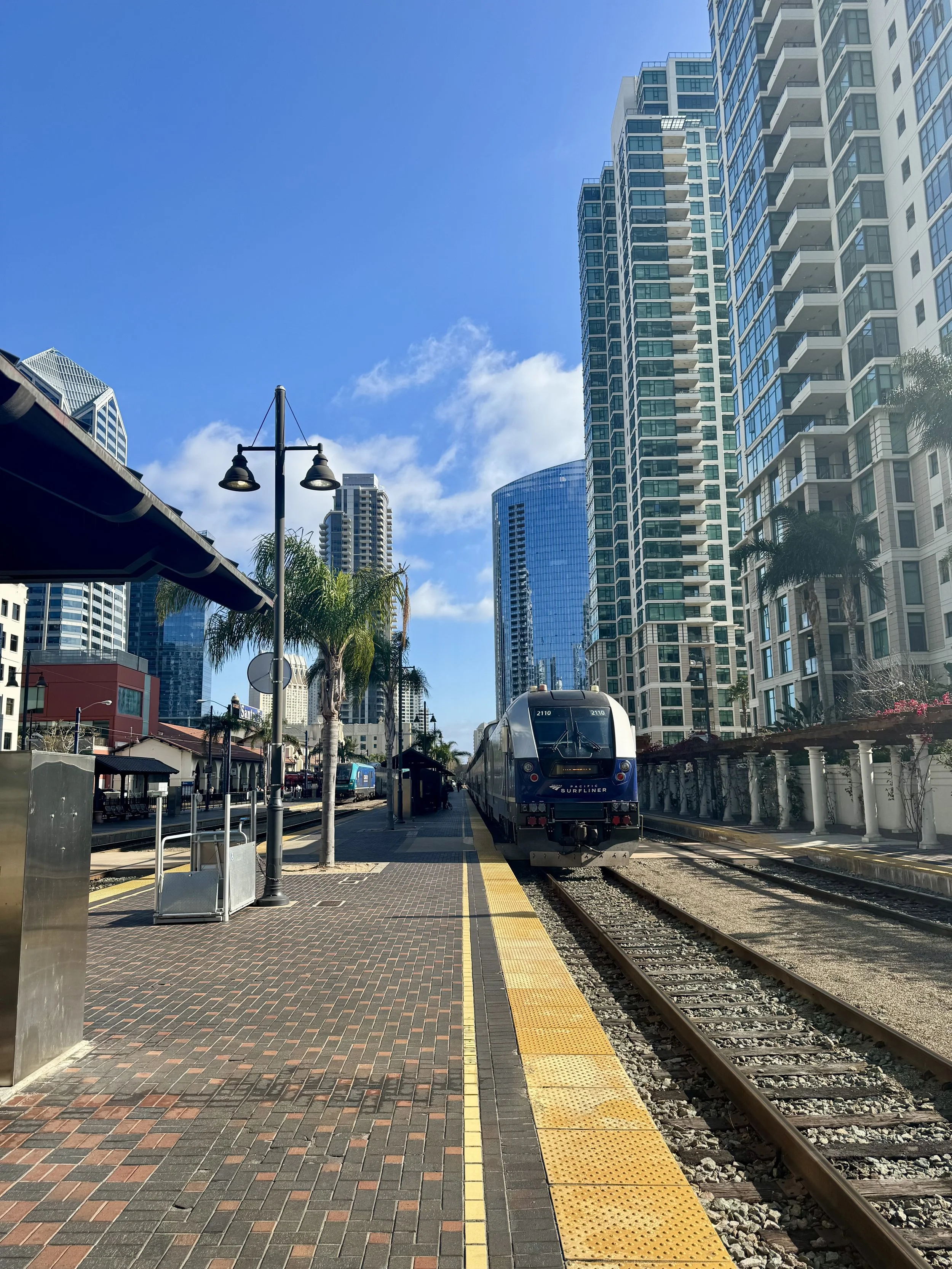 departing from San Diego, boarding the train at Santa Fe Depot walking distance from the bayside