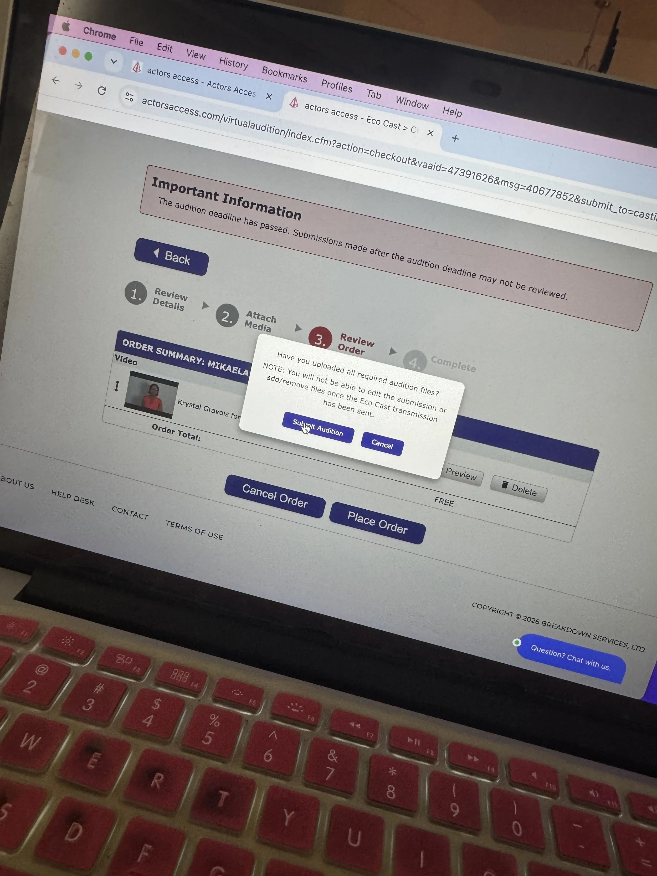 An alert within Actors Access while submitting a self-tape: "The auditon deadline has passed. Submissions made after the deadline may not be reviewed."