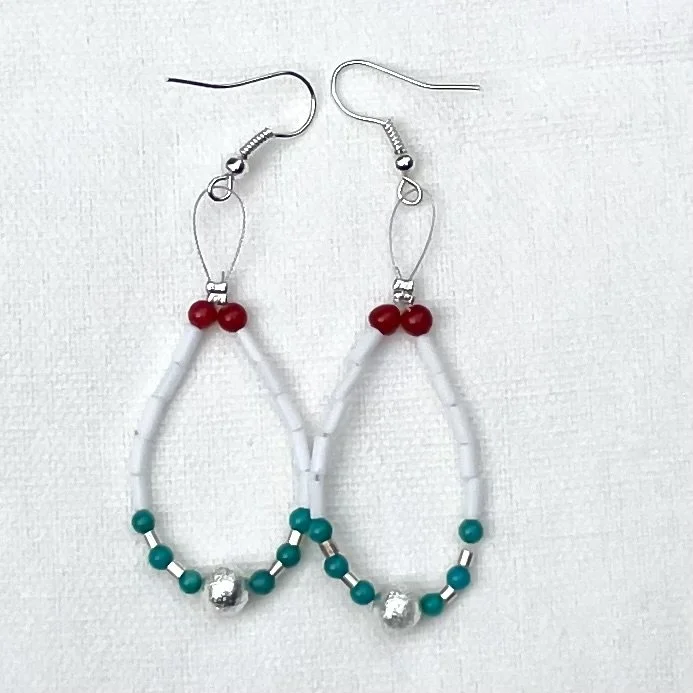 White, turquoise, coral, brushed silver ball earrings