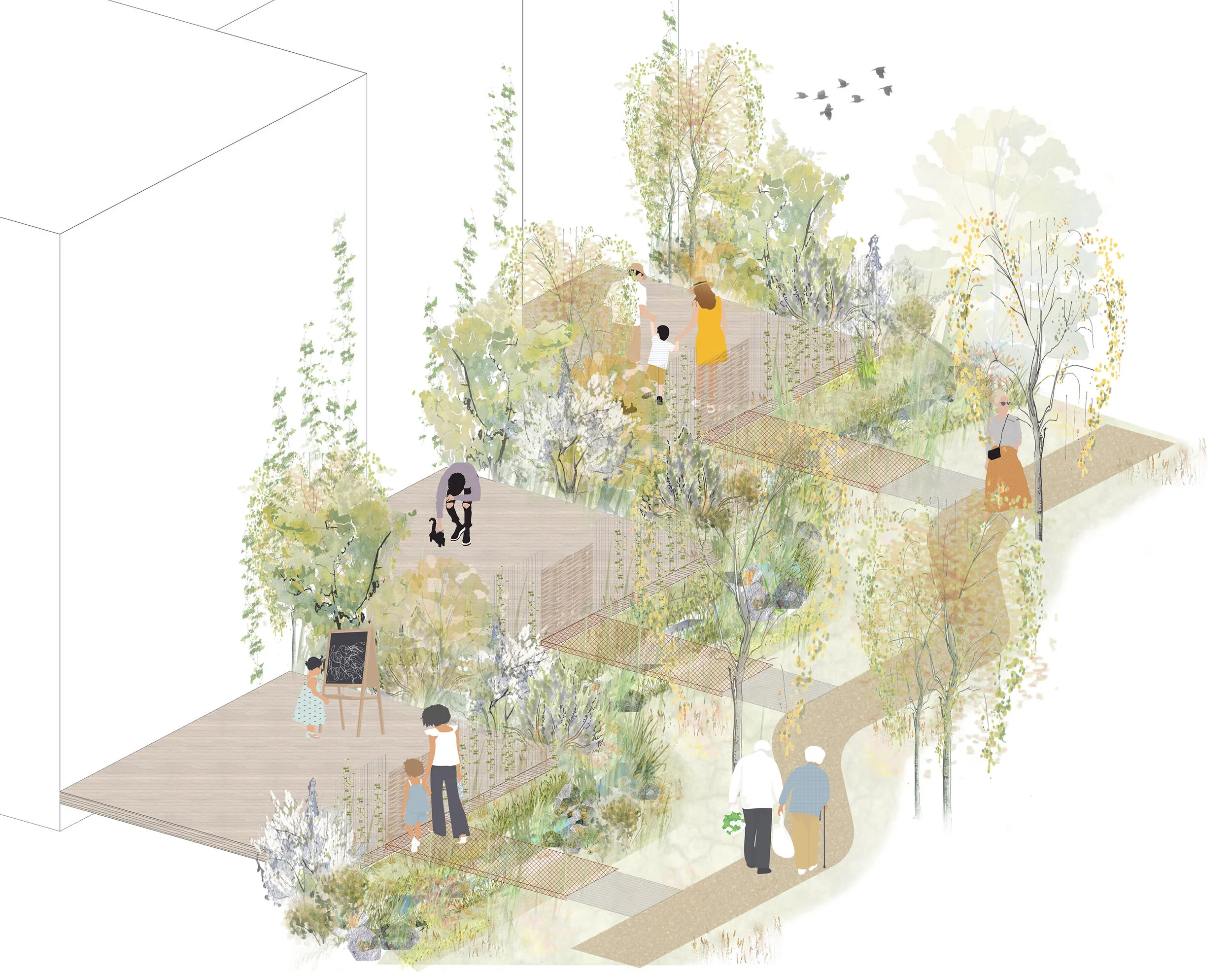    Approach      Lightness of Touch   The design does not impose itself on the setting, but rather is sensitively embedded into the surroundings. The landscape adopts and works with the natural processes governing the site.  The spaces are designed f