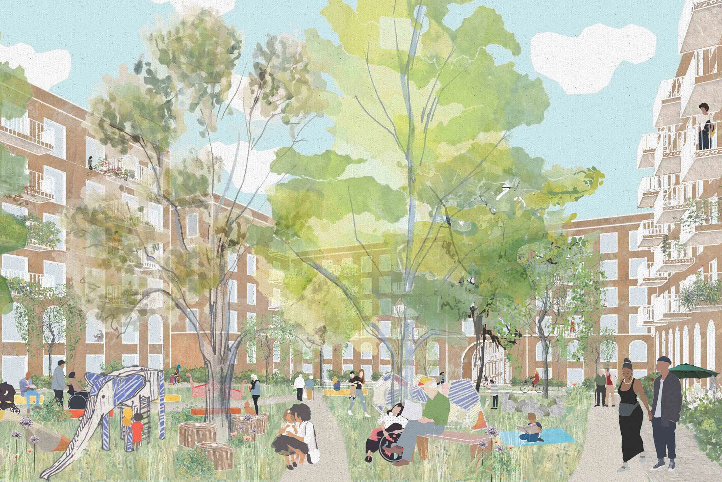 Plenty of seating in the sun and the shade, peaceful routes for a short walk, and comfortable spaces to be social.