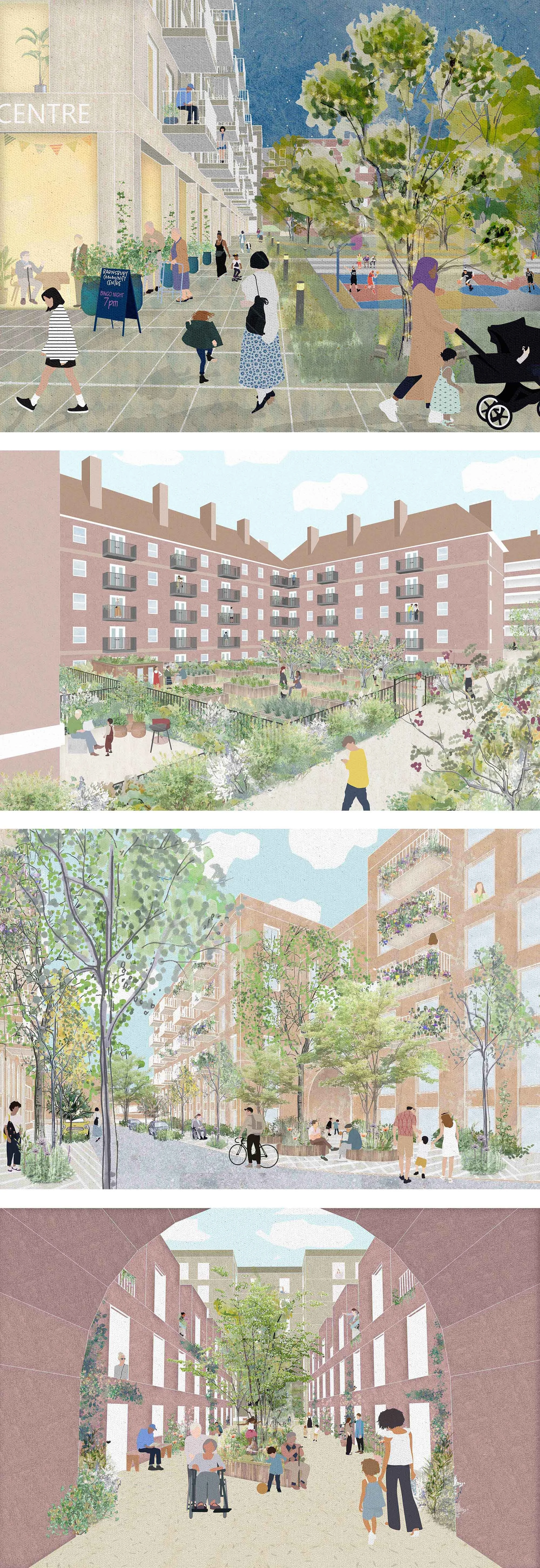    Approach     Creating a Community Heart   The existing community centre is relocated to the heart of the site. It is positioned on the route to local schools and shops, and adjacent to open space and outdoor amenities into which activities can spi