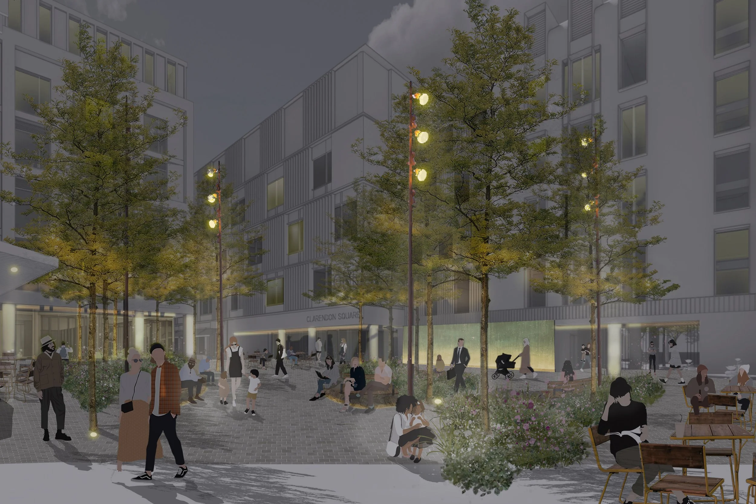 The public realm is designed to be inhabited day or night.