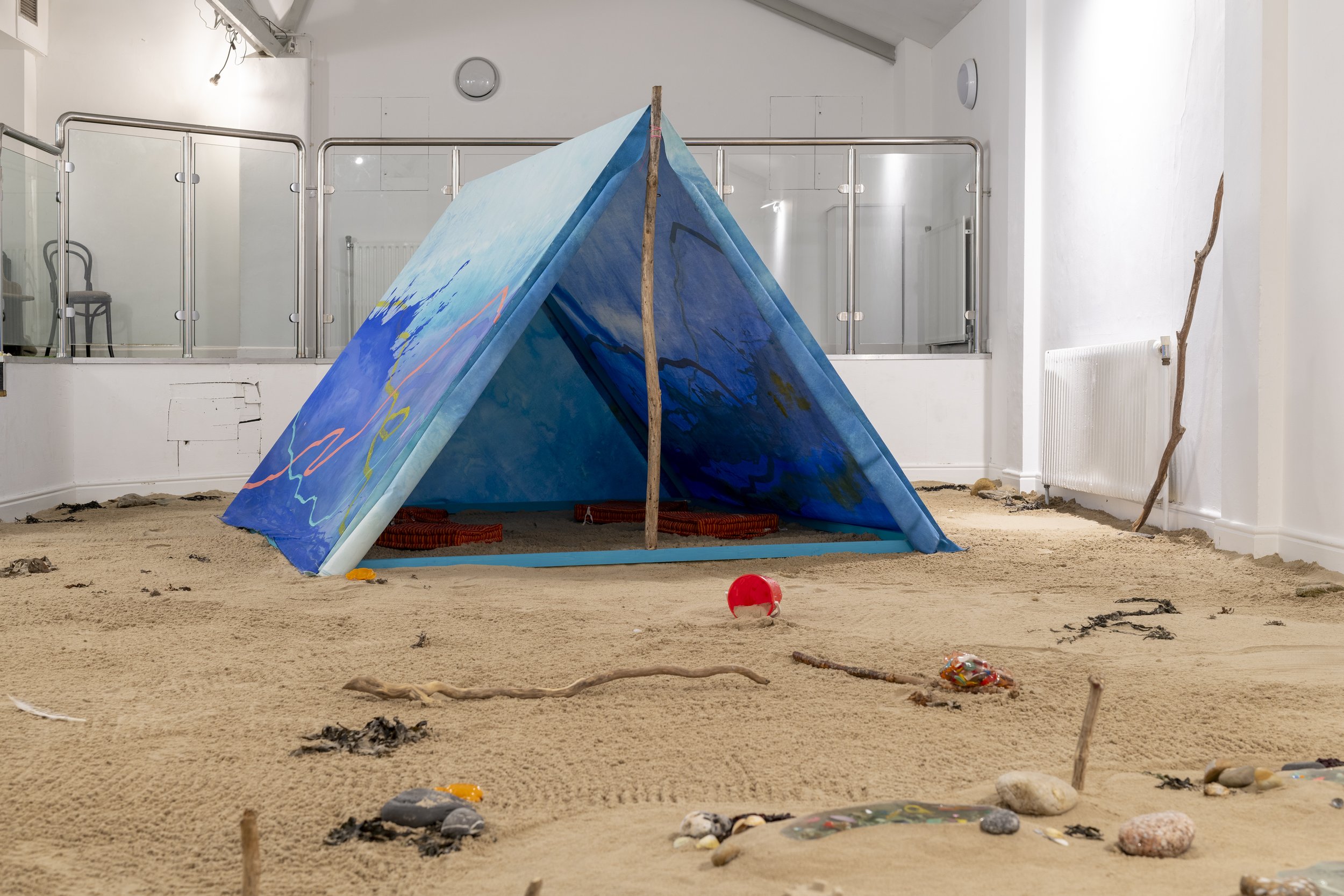  Tent - acrylic, oil and pastel painting on canvas 270w x 200h x 235d cm  Rock pools - resin, beach plastic, seaweed, rocks, sand. 